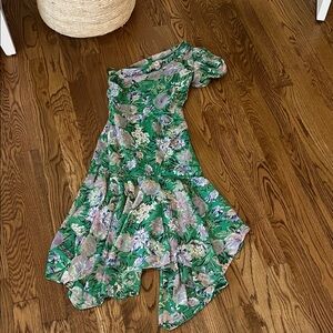 Astr Vibrant Green and Purple Floral One Shoulder Dress